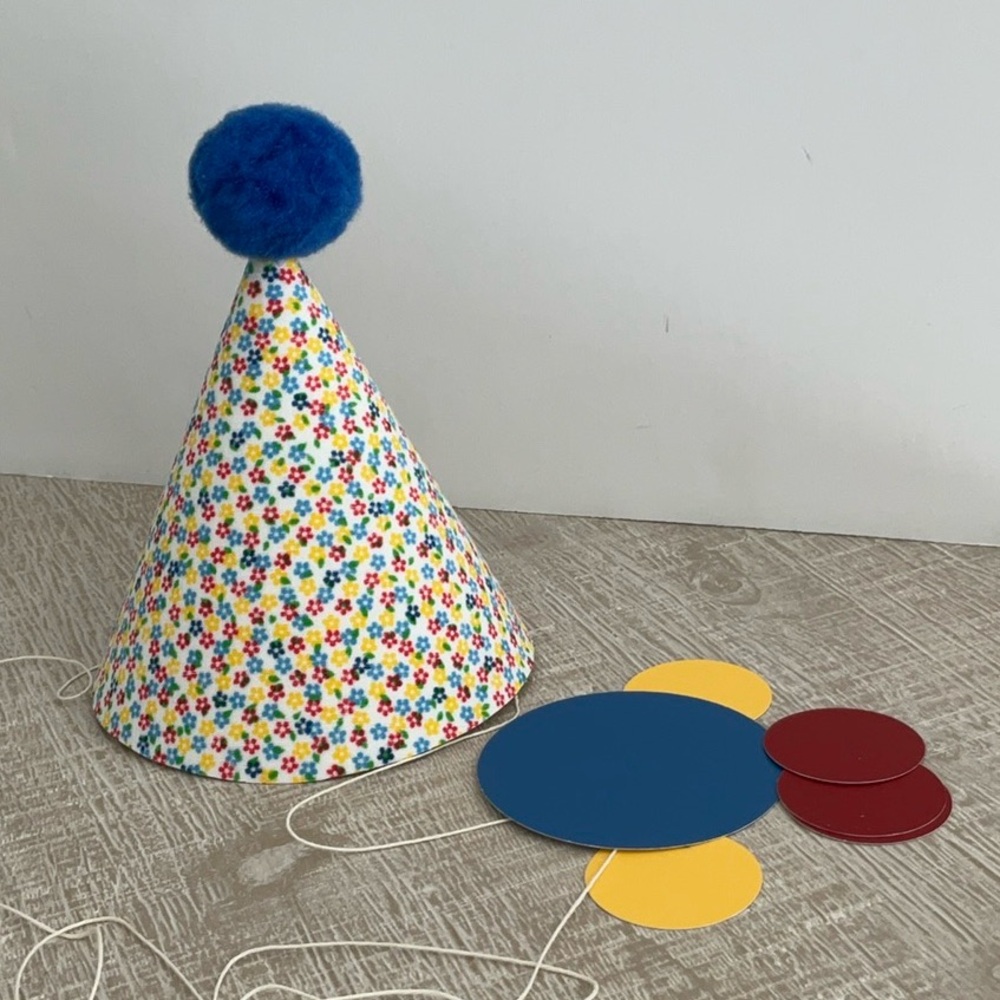 Girls Classic Small Flower Print Colorful Party Birthday Hat With Pom Pom